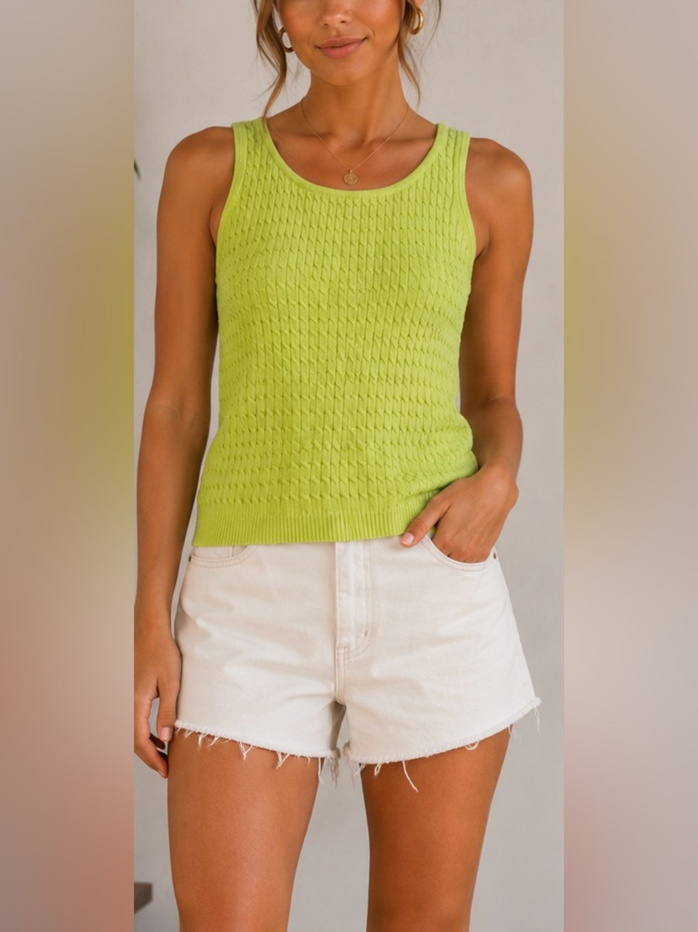 Crystal-Kobe Lime Green Textured Knit Tank Top XL 100% Cotton